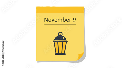 A minimalist yellow calendar note displaying November 9 and a classic black lantern icon, symbolizing a specific date for planning, reflection, or a