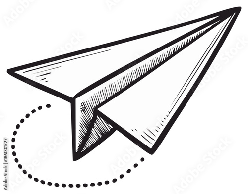 Classic hand-drawn paper airplane illustration with dotted flight path symbol for message or travel