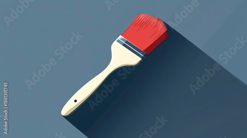 Paintbrush with red bristles casting shadow on blue surface