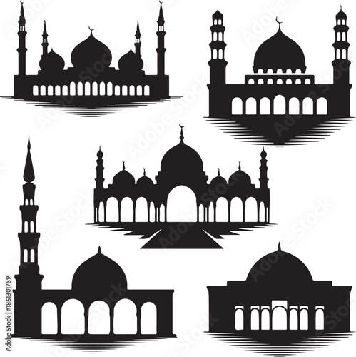 Collection of islamic mosque silhouettes in various architectural styles
