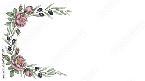 Hand painted elegant watercolor corner frame with wild roses and olive branches in muted mauve isolated on white background