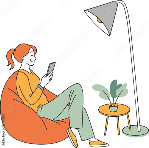 person sitting on bean bag using smartphone with lamp table and plant in cozy indoor setup