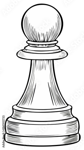 Engraved Style Chess Pawn Game Piece Black and White Single Standing Graphic Illustration