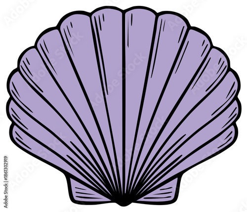 A simple purple scallop seashell with black outline and lines for texture and detail