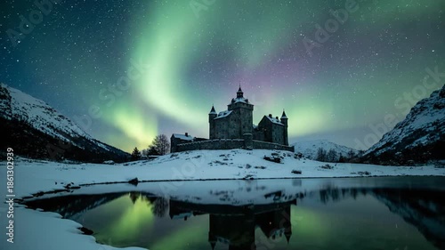 Castle silhouetted against aurora borealis