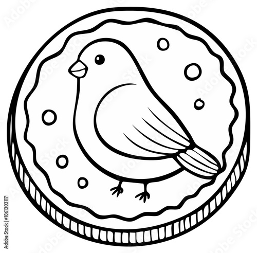Cartoon bird on a decorative medallion black and white coloring page illustration