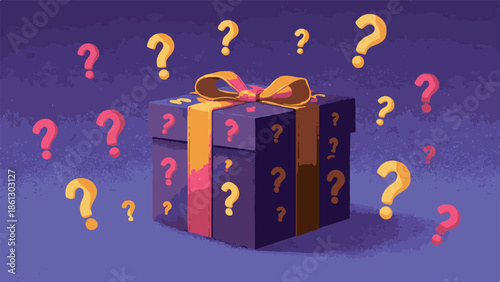Mystery gift box surrounded by question marks, symbolizing surprise and anticipation for unknown contents inside