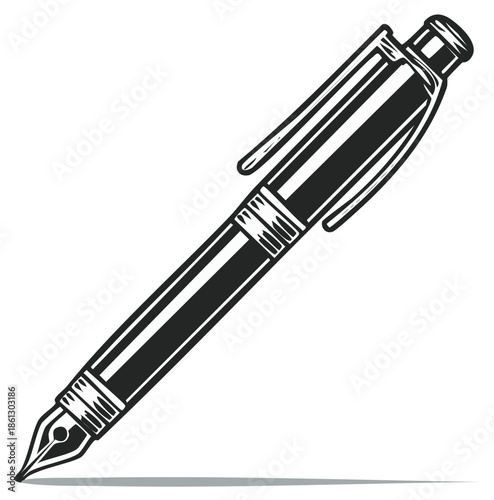 Classic Fountain Pen Illustration with Cap and Nib Detail in Black and White, Old Style Writing Instrument