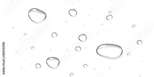 A collection of crystal clear water droplets scattered across a clean white surface