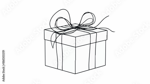 Minimalist continuous line art drawing of a neatly wrapped gift box with a bow, carefully traced as a versatile graphic element for celebrations, holidays, and special events