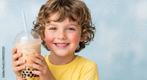 A young, smiling child with curly hair, holding up a cup filled with an iced drink with dark bubbles, against a blurred backdrop