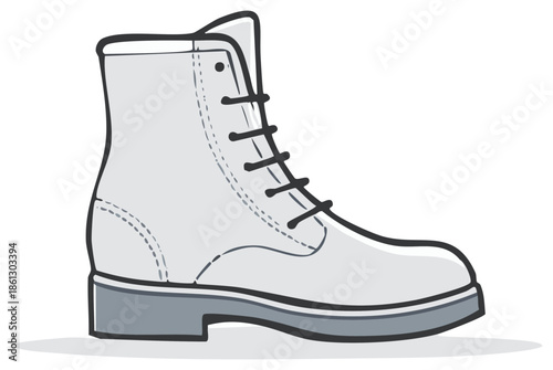 Monochrome high top lace up boot graphic vector illustration of sturdy grey footwear
