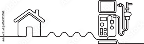 Home dialysis machine line art vector, line art house icon with a pulse line running outline, leading into the dialysis machine linear