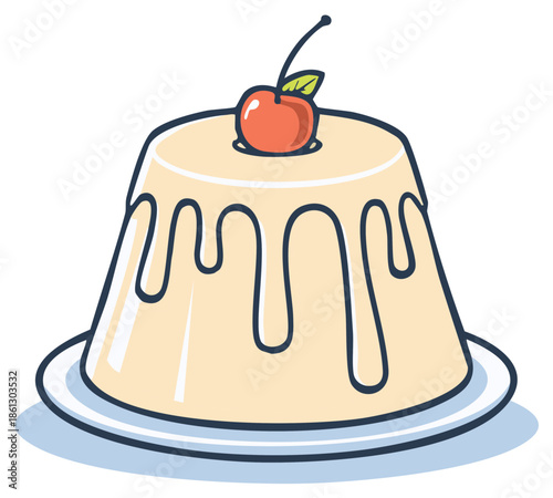 Delicate Cream Dessert Topped with Bright Red Cherry and Drizzle