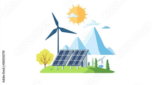 Renewable energy sources solar panels wind turbine and natural landscape