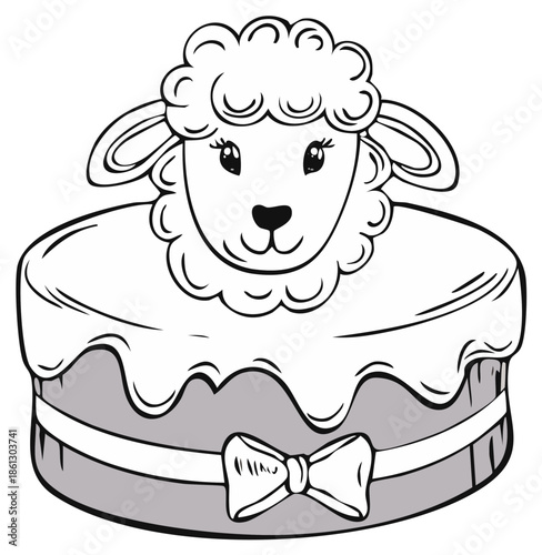 Cartoon lamb on a festive birthday cake with frosting and a bow coloring page illustration