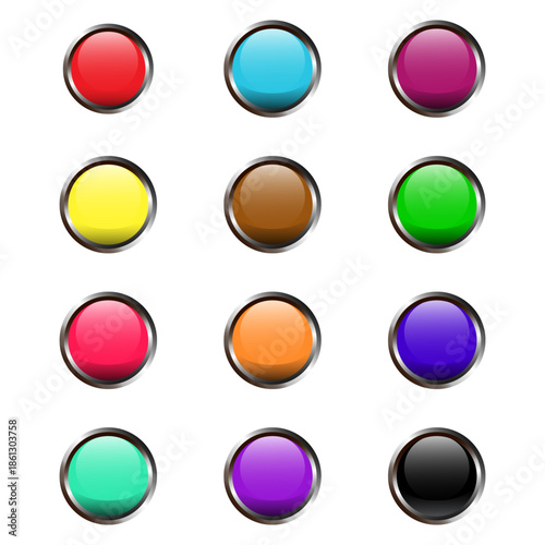 Free Download New button vector set with silver gradient frame to be used in website design.Ready to use 3D buttons with different colours.Shiny reflective button vector set with shadows.Detailed ready to use icons - GFXLoad