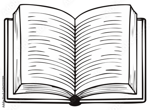 Open Hardcover Book With Blank Pages and Sketchy Lines Black and White Illustration