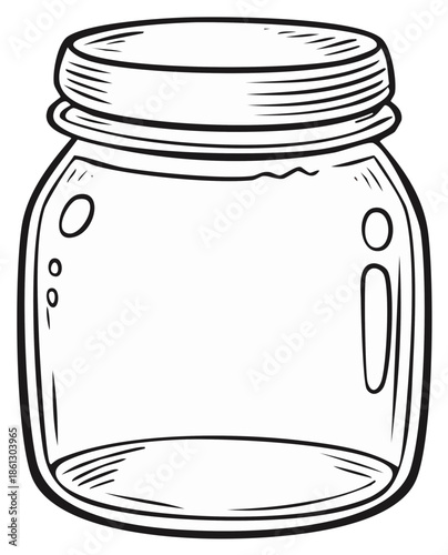 Hand-drawn empty glass mason jar with a screw lid. Black and white line art vector illustration.