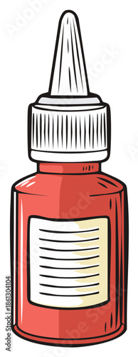 Cartoon dropper bottle with a red body and a white ribbed cap, featuring a blank label.