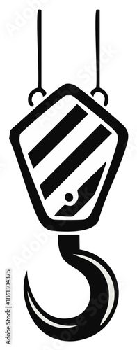 Graphic illustration of a crane hook with striped safety marker