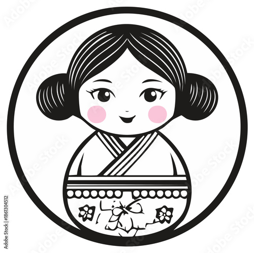 Illustration of a Japanese Kokeshi doll within a circular frame