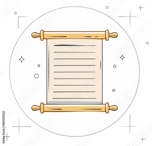 Vintage scroll with wooden handles and lined paper within a decorative circle