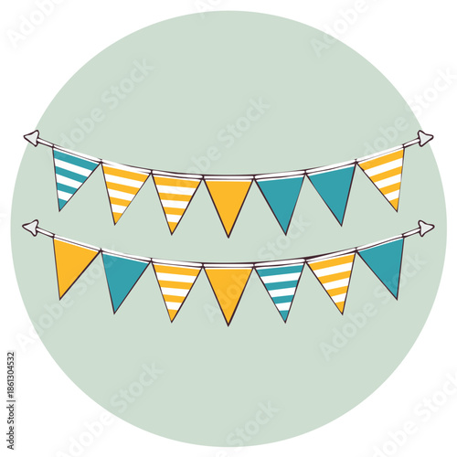 Festive Bunting Garlands in Teal, Yellow, and White Striped Pattern on Green Backdrop