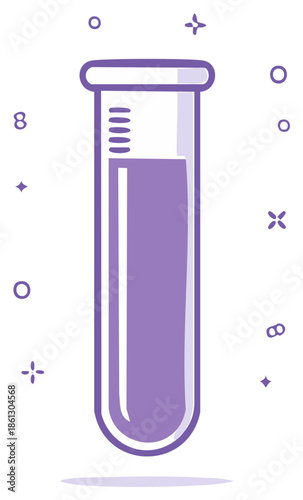 Purple liquid in a laboratory test tube with measurement markings and sparkling particles