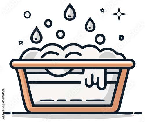 Illustration of washing tub with soap suds, water drops, and stars, emphasizing cleanliness and hygiene.
