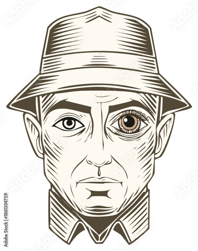 Vintage illustration of a man wearing a fedora hat with two distinct eyes
