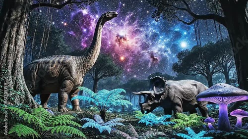 Mystical Prehistoric Forest with Brachiosaurus and Triceratops Under Nebula Sky