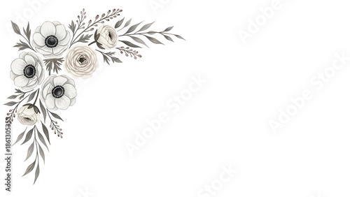 Hand painted minimal floral corner element featuring anemones and ranunculus in a neutral color scheme isolated on white background