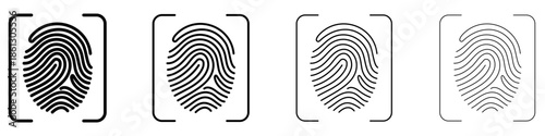 Fingerprint icon. Biometric identification, outline lines of various thicknesses. Pictogram of a papillary pattern in a scanner frame. Four style variations. Vector illustration.