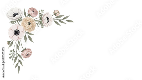 Hand painted minimal floral corner element featuring anemones and ranunculus in a neutral color scheme isolated on white background