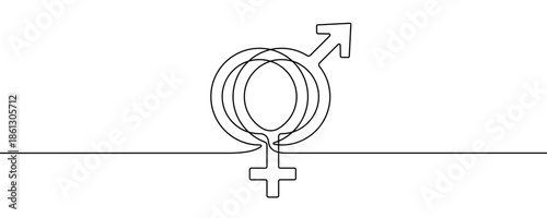 Crossed male and female gender symbols Mars and Venus. Drawing in one line art style with editable black stroke on a white background. Vector illustration.