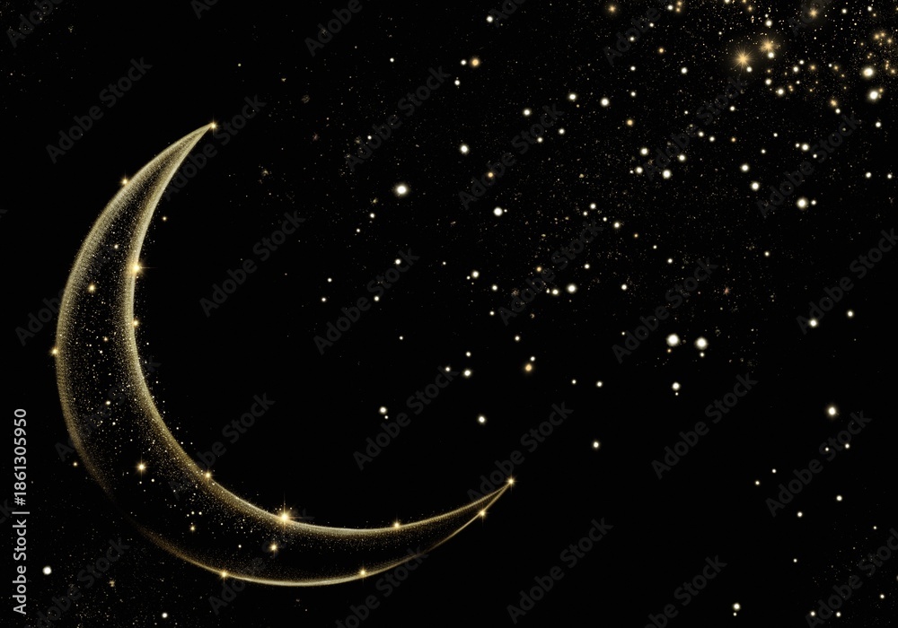 Naklejka premium Sparkling Golden Islamic Crescent Moon With Stardust On Black Background