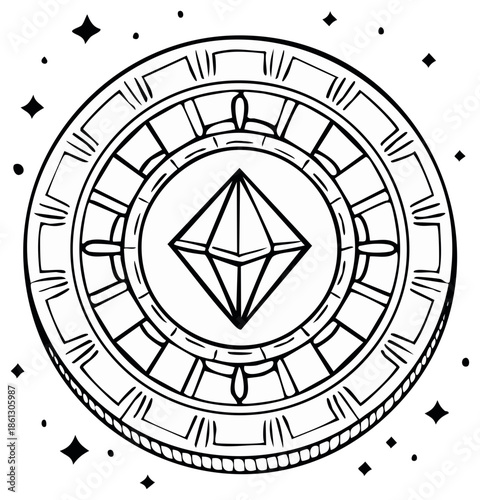 Intricate magical medallion with sparkling diamond crystal symbol detailed line art illustration