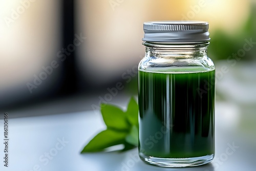 Fresh green juice in glass mason jar with metal lid and green leaves on blurred kitchen background for healthy lifestyle and detox concepts.
