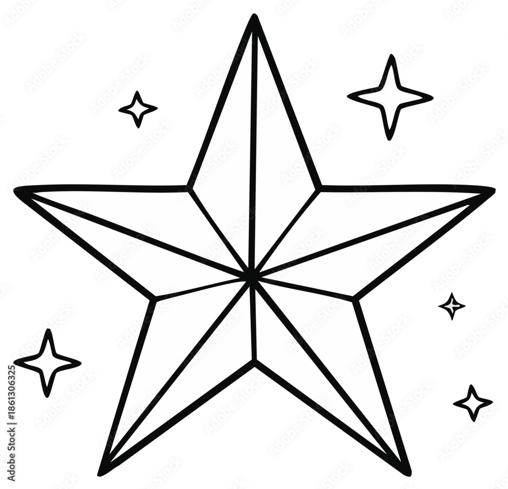 Obraz premium Black and white hand-drawn star shape with smaller stars illustration
