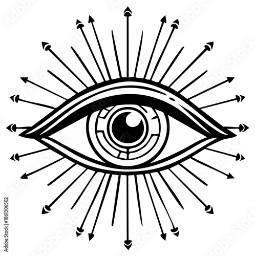 Mystical all seeing eye with radiating arrow sunburst and a maze iris esoteric spiritual symbol