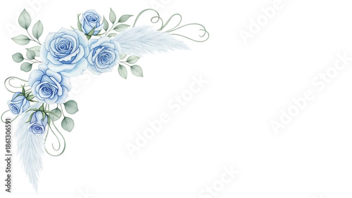 Hand painted watercolor corner element with roses and pampas grass in a pastel blue palette isolated on white background