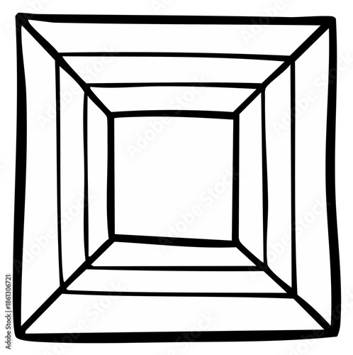 Black and White Hand Drawn Concentric Squares Creating Deep Tunnel Illusion Artistic Perspective