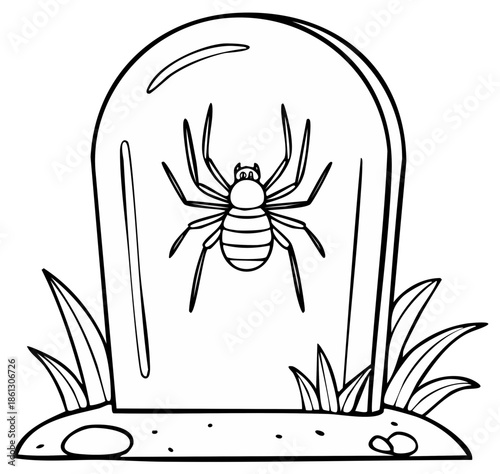 Cartoon tombstone with a large spider and grass in a spooky Halloween setting