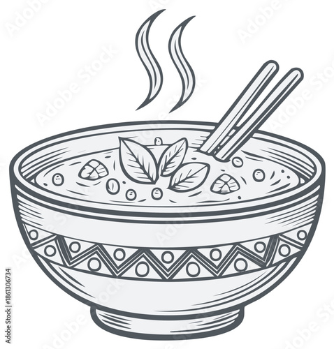 Warm Sketch of Asian Soup with Basil and Chopsticks in a Patterned Bowl