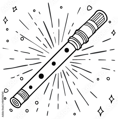 Whimsical Flute Line Art with Burst Design, Black and White Musical Instrument Icon