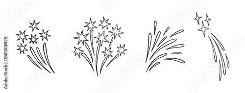 Firework doodles and festive hand drawn firecrackers set. Line art, sketch style celebration icons with stars, sparkles, explosive bursts. For birthday, carnival, holiday events. Vector illustration