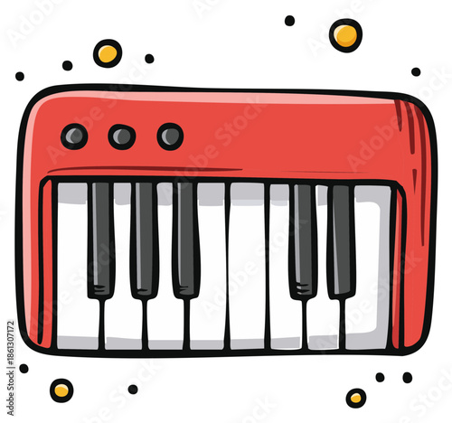 Playful Red Cartoon Electronic Keyboard Musical Instrument Illustration with Floating Elements