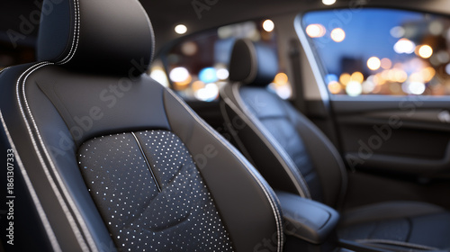 Wallpaper Mural Black leather car seats with perforated detailing, visible stitching and seat contours, luxury interior design, ambient cabin light reflecting softly, modern automotive aesthetic Torontodigital.ca