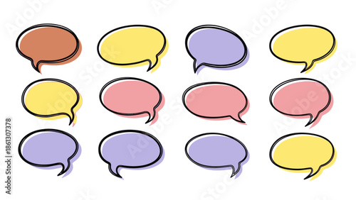 Vibrant hand-drawn communication bubbles for dynamic digital interaction and expressive thought exchanges on abstract backgrounds